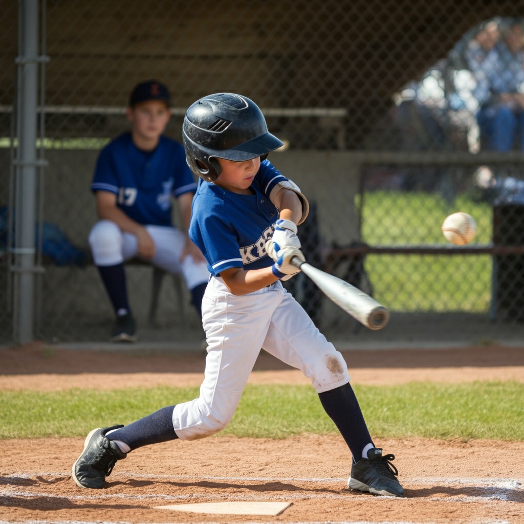 Little League baseball player in uniform during a youth game, with families supporting from the sidelines during a busy sports travel season.