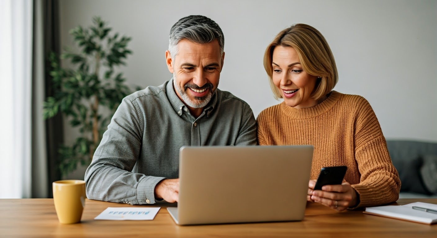 Couple reviewing their homeowners insurance renewal paperwork together at home before renewing their policy.